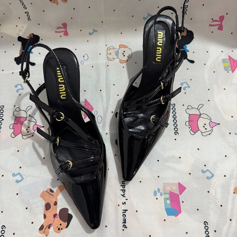 Miu Miu Black Glossy Pointed-Toe Multi-Strap Pumps